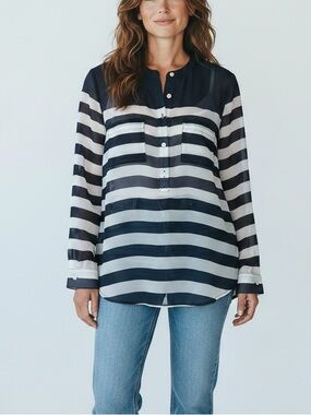 Old Navy Navy and White Striped Button-Front Shirt
